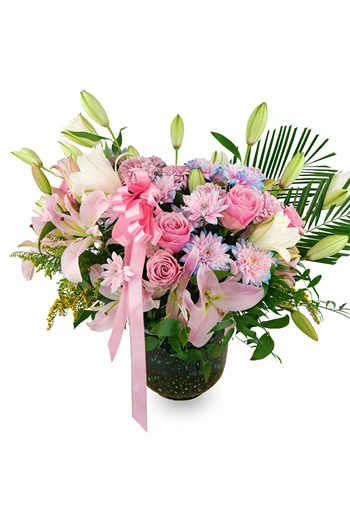 lilyum aranjmanı, pembe gül aranjmanı, premium çiçek aranjma