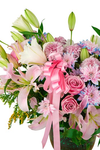 lilyum aranjmanı, pembe gül aranjmanı, premium çiçek aranjma