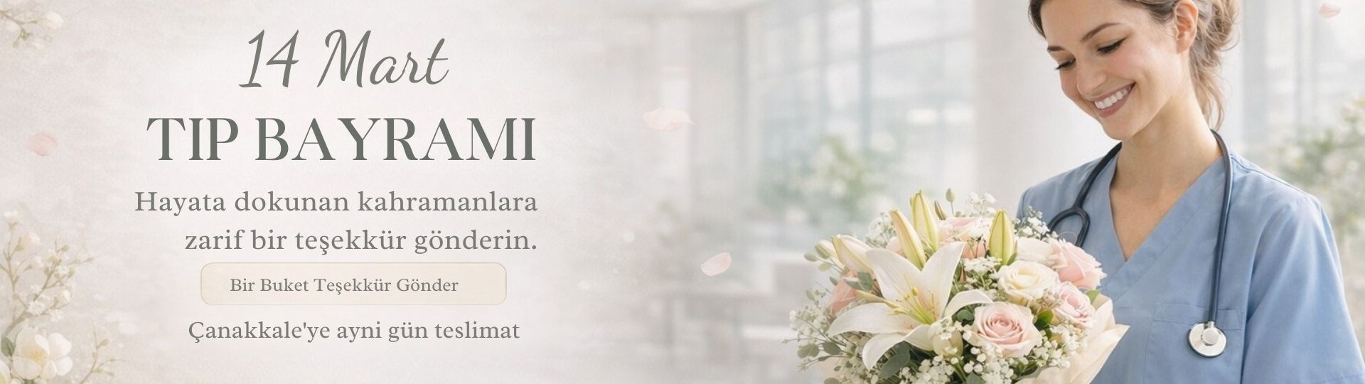 14 Mart Tıp Bayramı’nda doktorlara ve sağlık çalışanlarına zarif bir teşekkür gönderin. Çanakkale’de hastanelere ve sağlık kurumlarına aynı gün çiçek teslimatı.