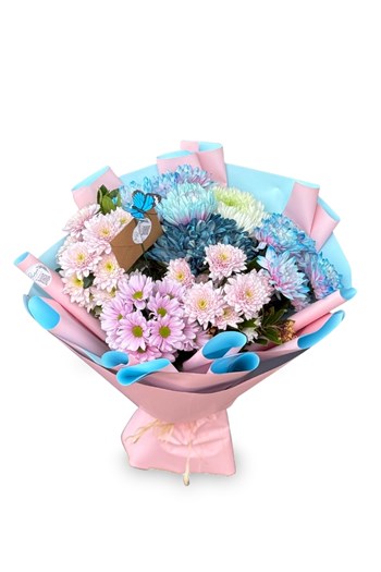 pastel krizantem buketi, pembe mavi çiçek buketi, özel tasar