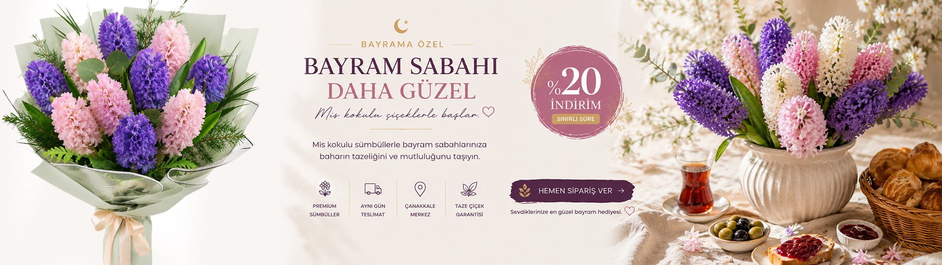 Çanakkale sümbül buketi bayram kampanyası aynı gün çiçek teslimatı premium mor pembe sümbüller