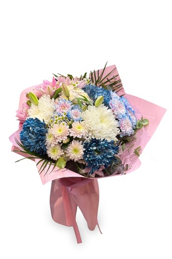 deluxe krizantem buketi, pastel çiçek buketi, pembe mavi buk