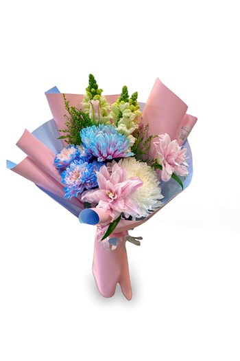 pastel mix buket, lilyum krizantem buketi, zarif çiçek buket
