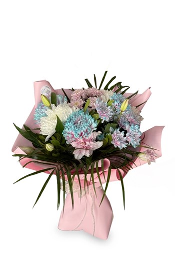 pastel buket, pembe mavi krizantem, özel tasarım çiçek,