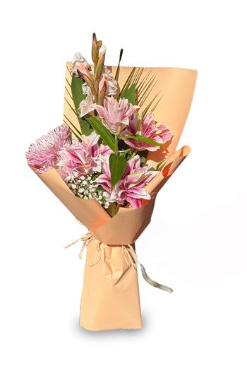 lilyum buketi, sade el buketi, pastel pembe çiçek